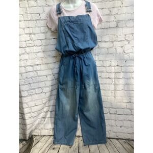 Belinda Denim Overalls Medium Wash Wide Leg Drawstring Waist Jumpsuit Womens M